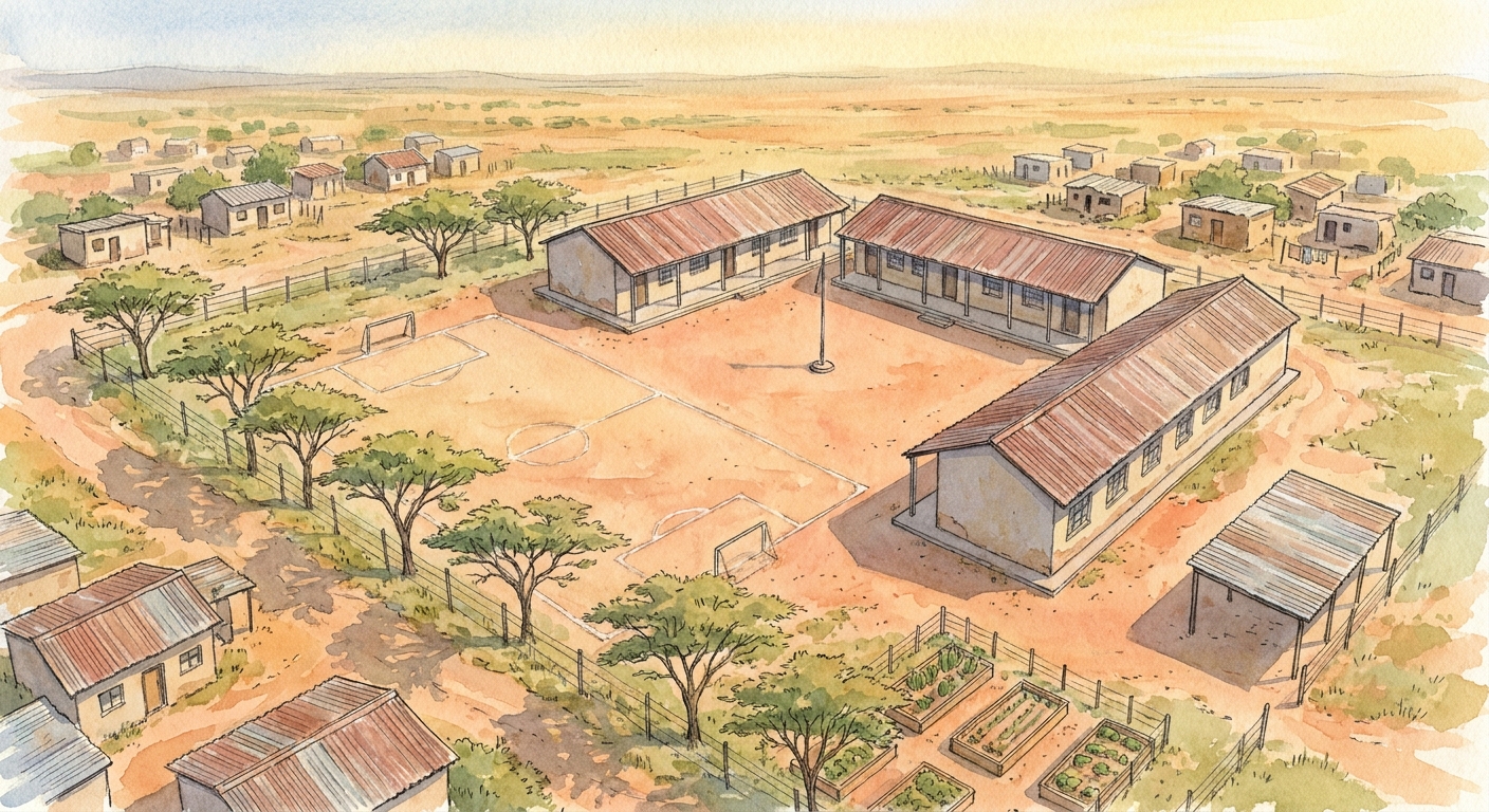 Aerial view of Makapanstad Primary School with red-roofed classrooms, a sandy soccer pitch, and acacia trees.
