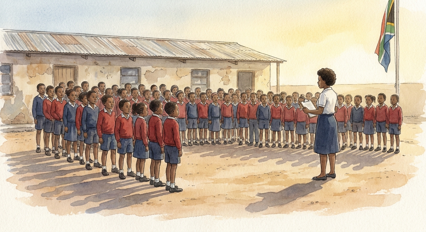 Morning assembly with learners standing in lines on the dirt yard while a teacher addresses them.
