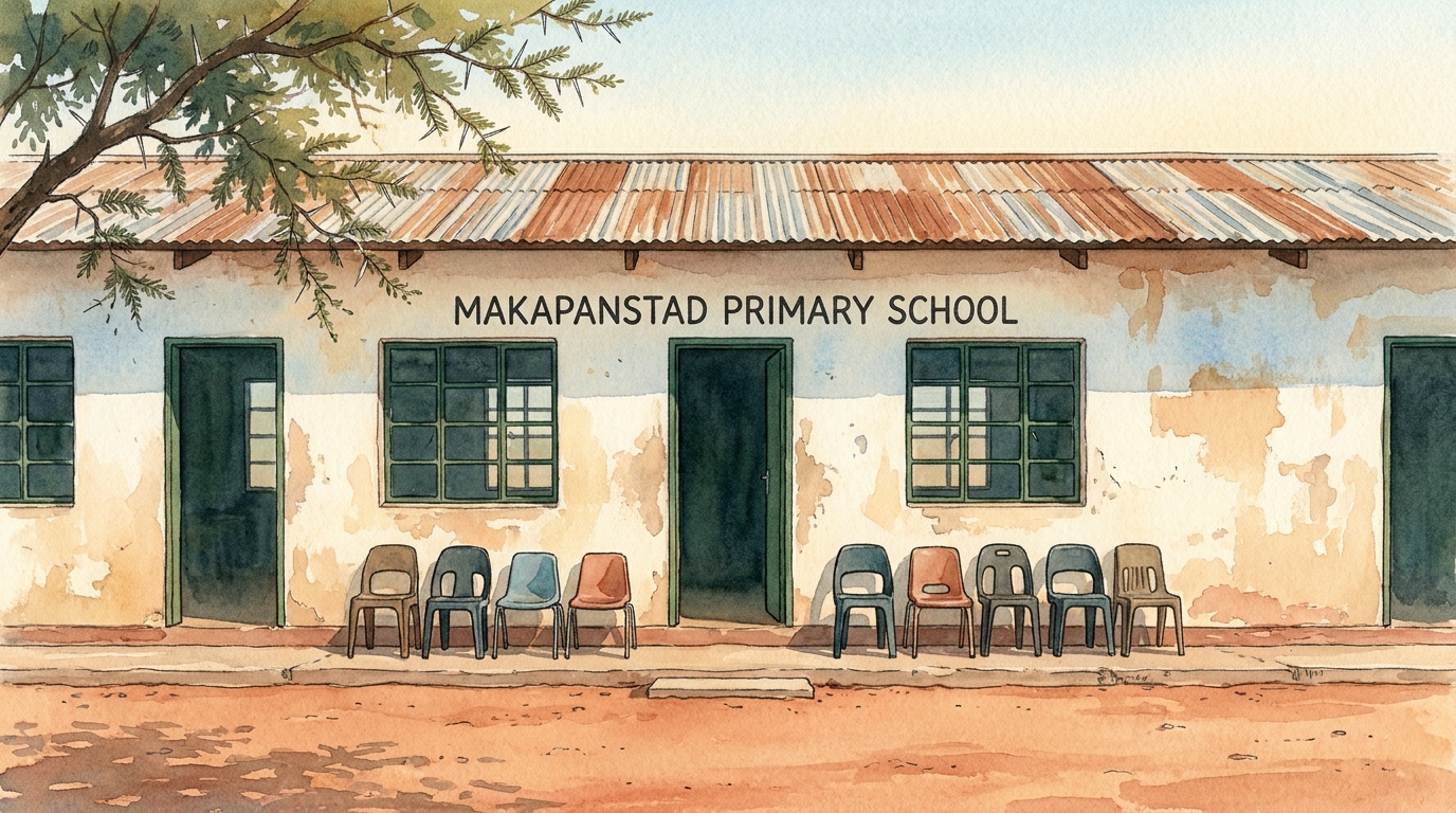Plastered single-storey classroom block with metal-frame windows and the school name painted above the door.