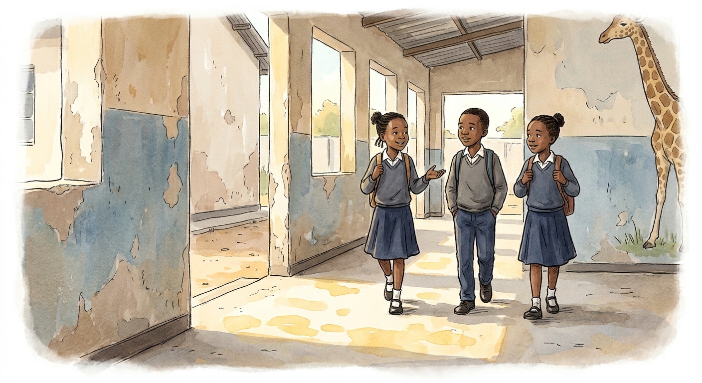 Three Grade 5 learners walking together along a covered corridor, schoolbags slung over their shoulders.