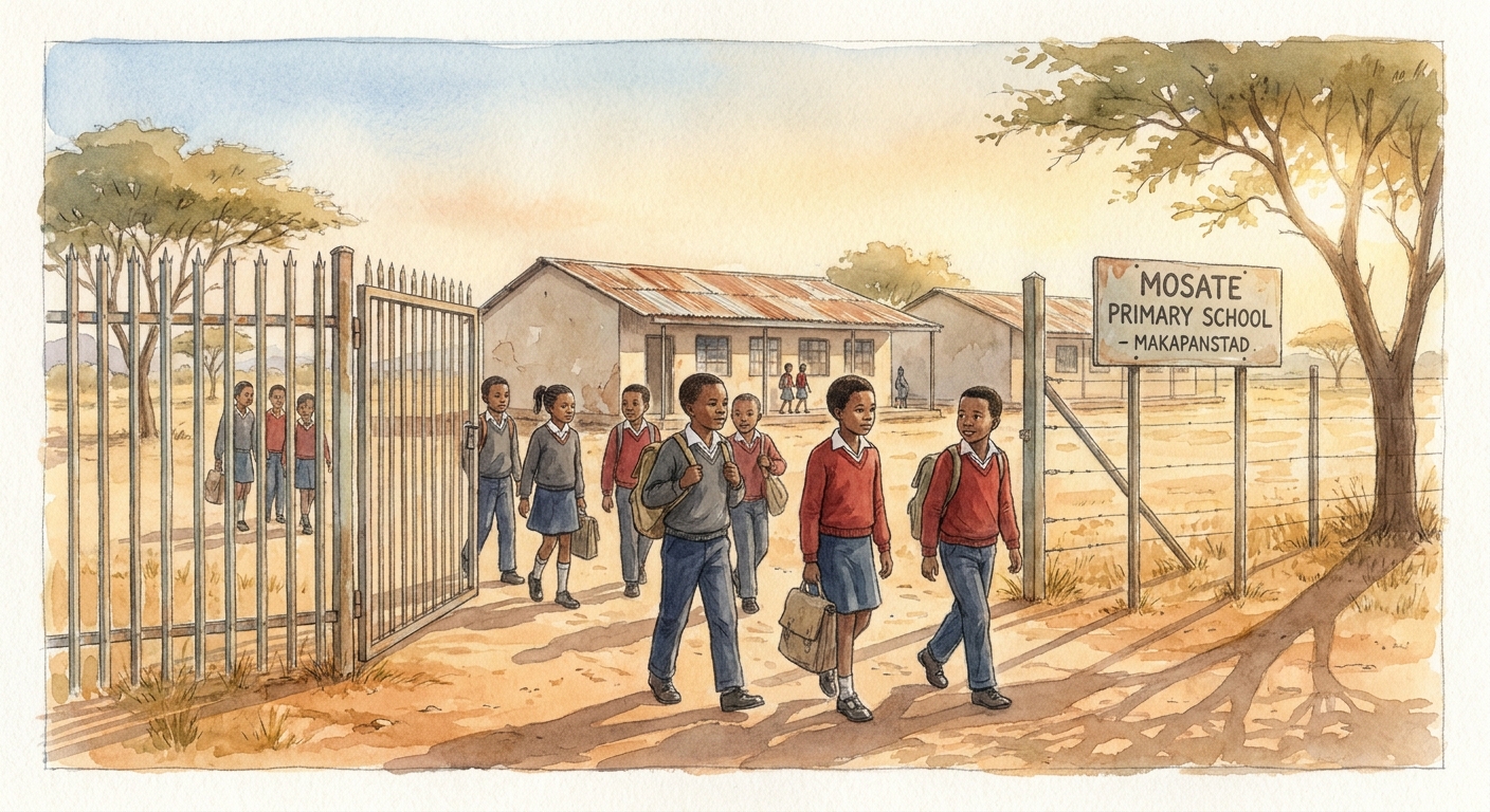 Learners in navy and grey uniforms walking through the Makapanstad Primary School gate on a sunny morning.