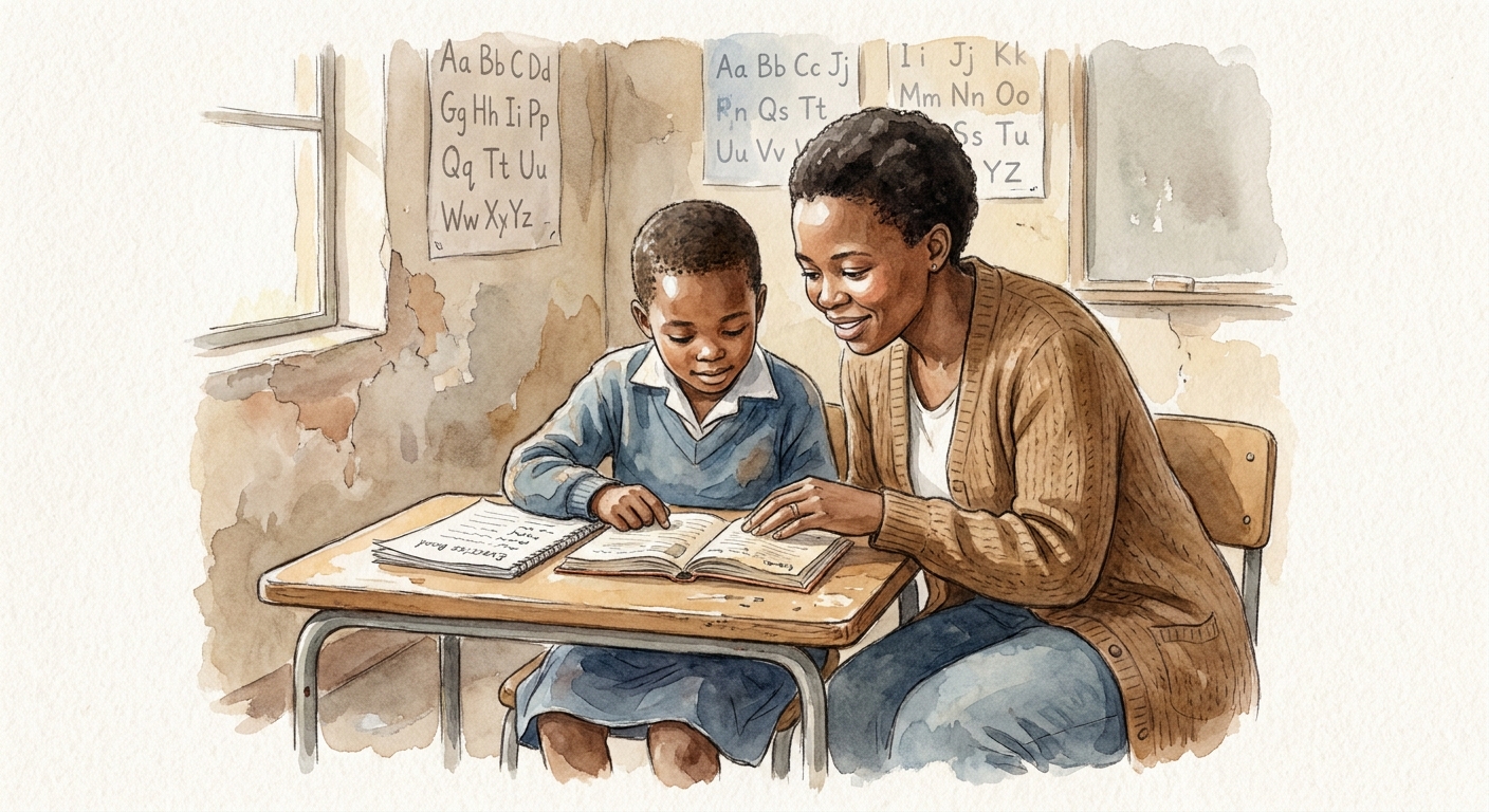 A teacher kneels next to a Grade 2 learner reading aloud from a worn paperback in a sunny classroom.