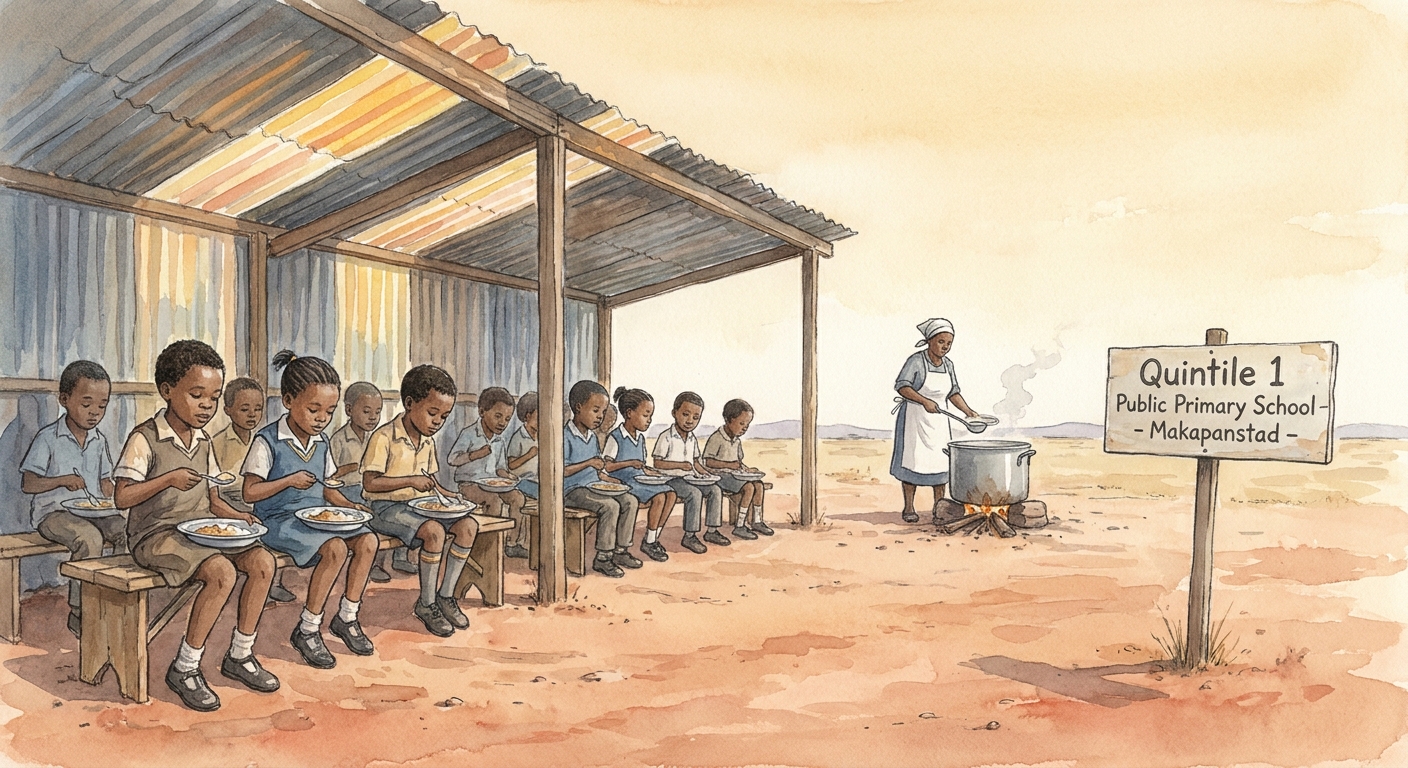 Children seated under shaded outdoor benches eating lunch from steel plates as part of the National School Nutrition Programme.