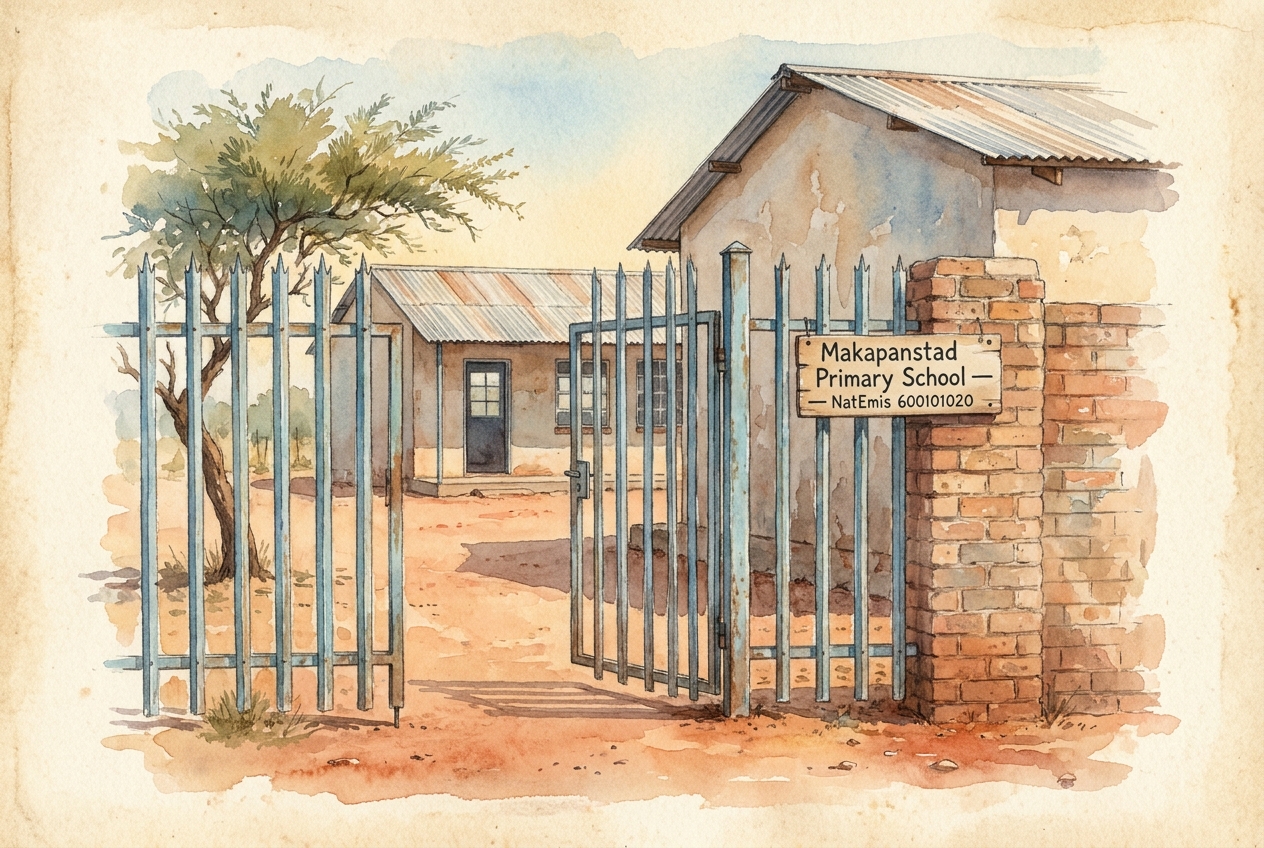 The blue painted school gate of Makapanstad Primary on a bright winter morning.