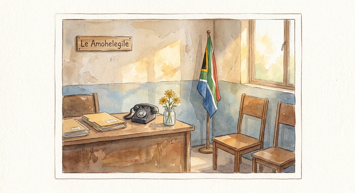 The reception area of the school office with a wooden desk and a Setswana welcome sign.