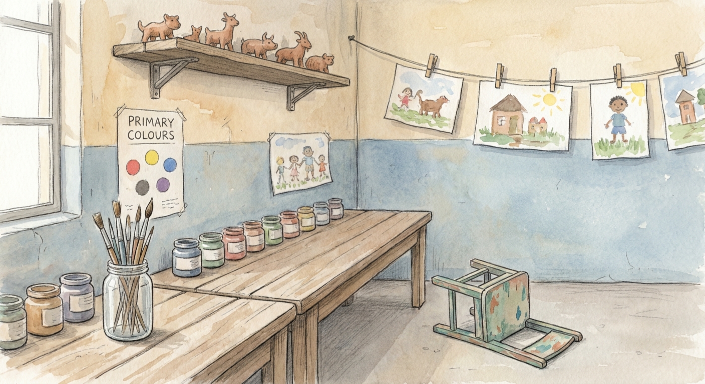A small art-and-craft room with paint pots and dried clay sculptures on a shelf.