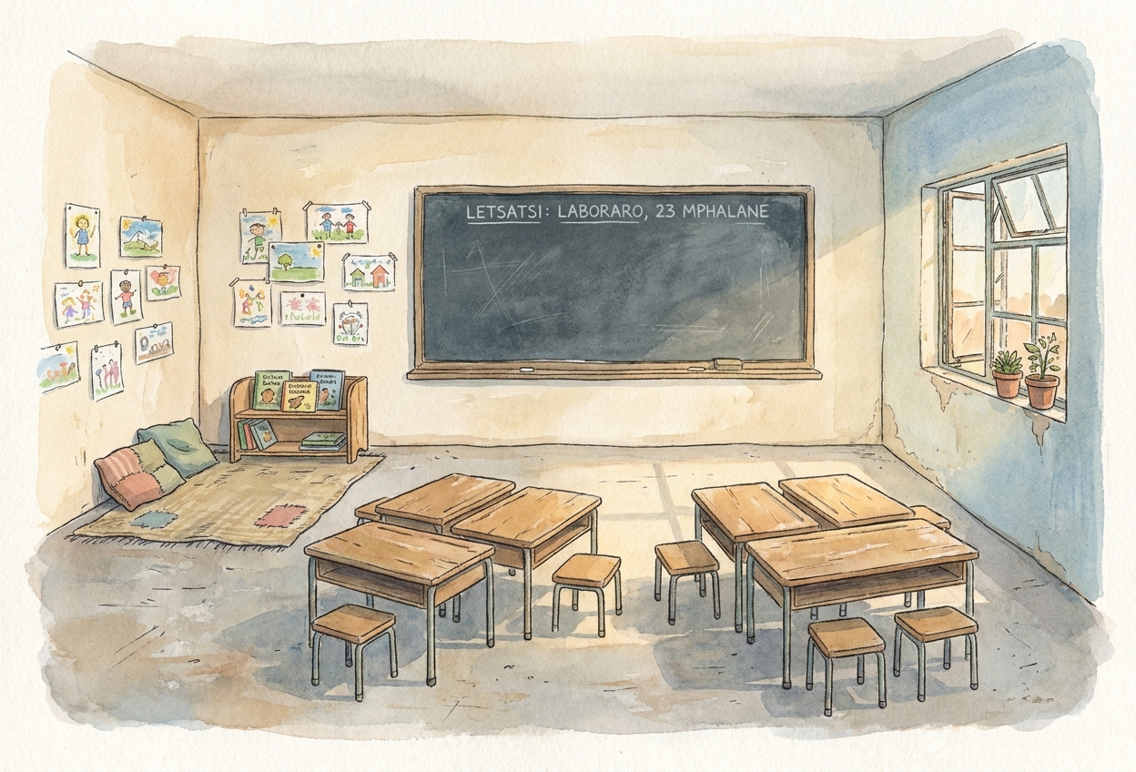 A bright Foundation Phase classroom with low desks, a reading corner and learners’ artwork on the walls.