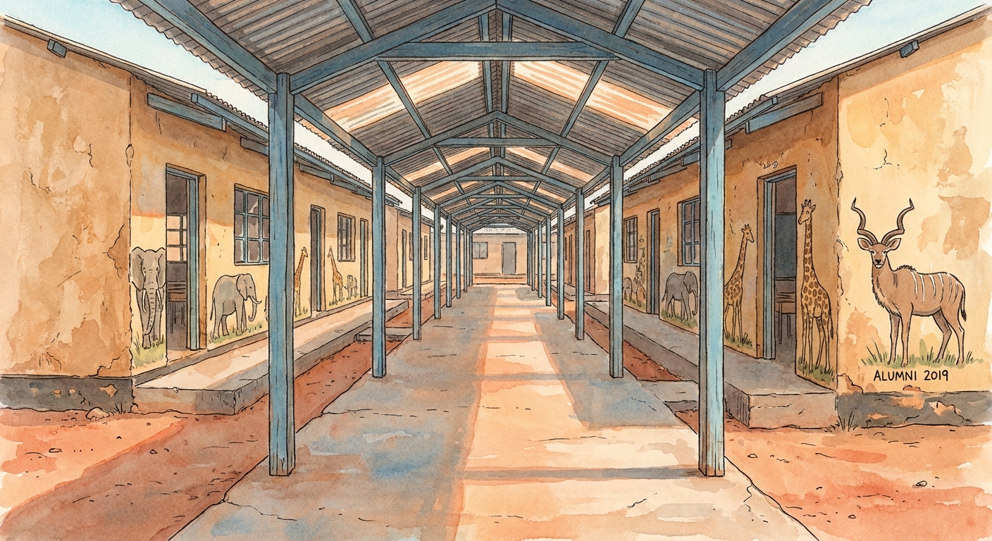 A long covered corridor between classroom blocks with painted murals of African animals.