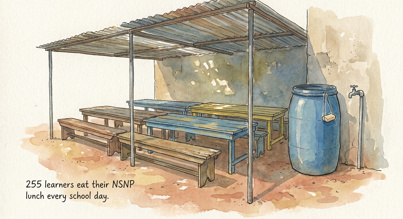 Outdoor seating under a corrugated iron lean-to where learners eat their NSNP lunch.