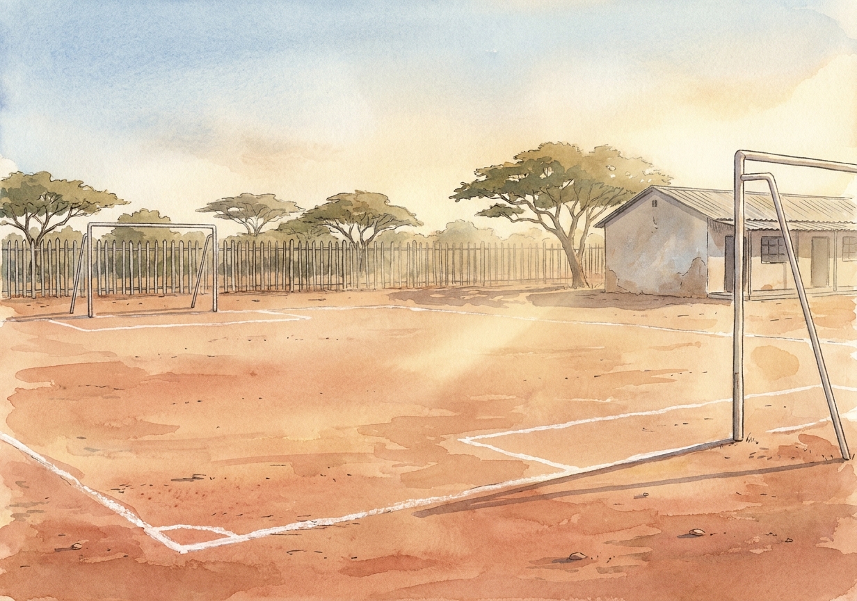A sandy school field with marked soccer goals and a ribbon of acacia trees beyond.