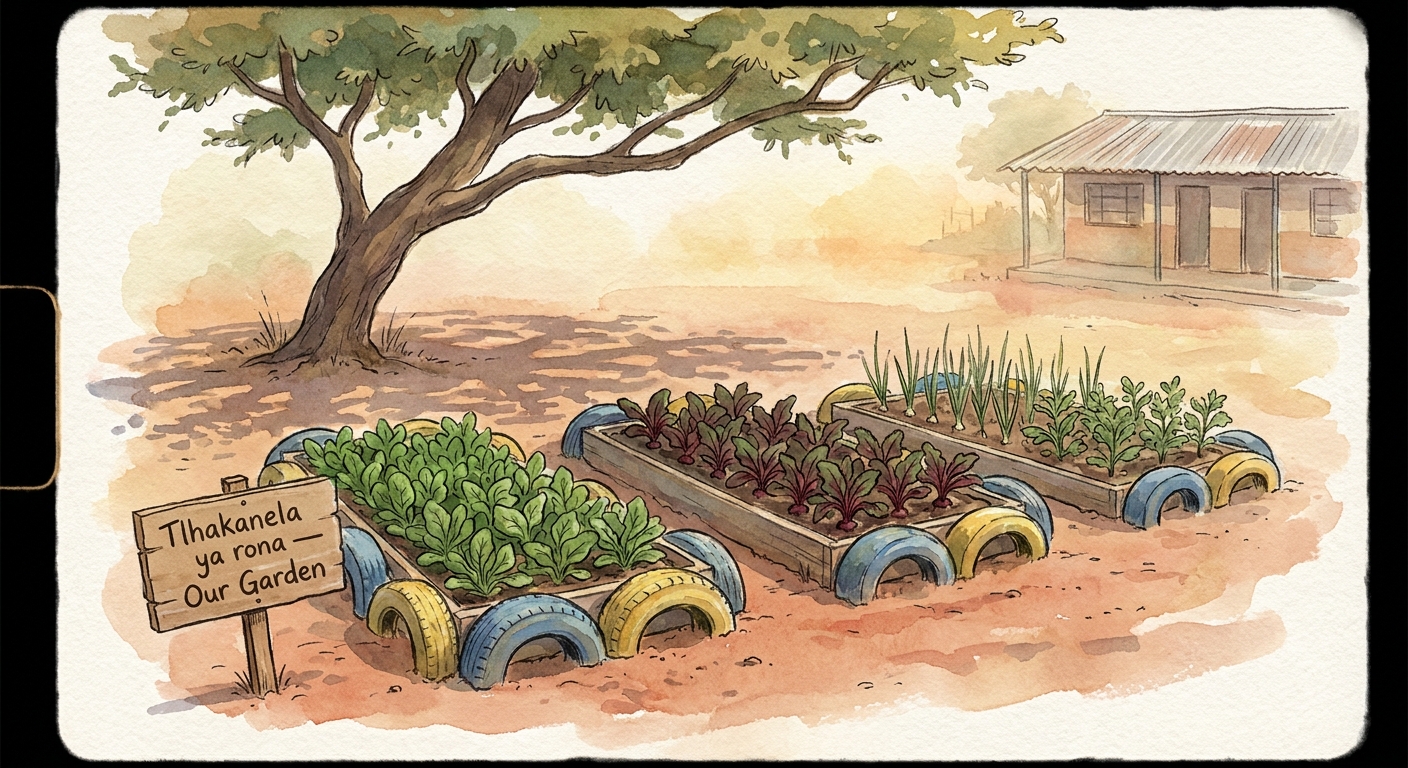 A row of vegetable beds with spinach and beetroot in the school’s edible garden.