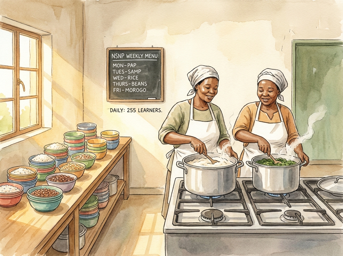 The school’s NSNP kitchen with food handlers in white aprons stirring pap in a large pot.