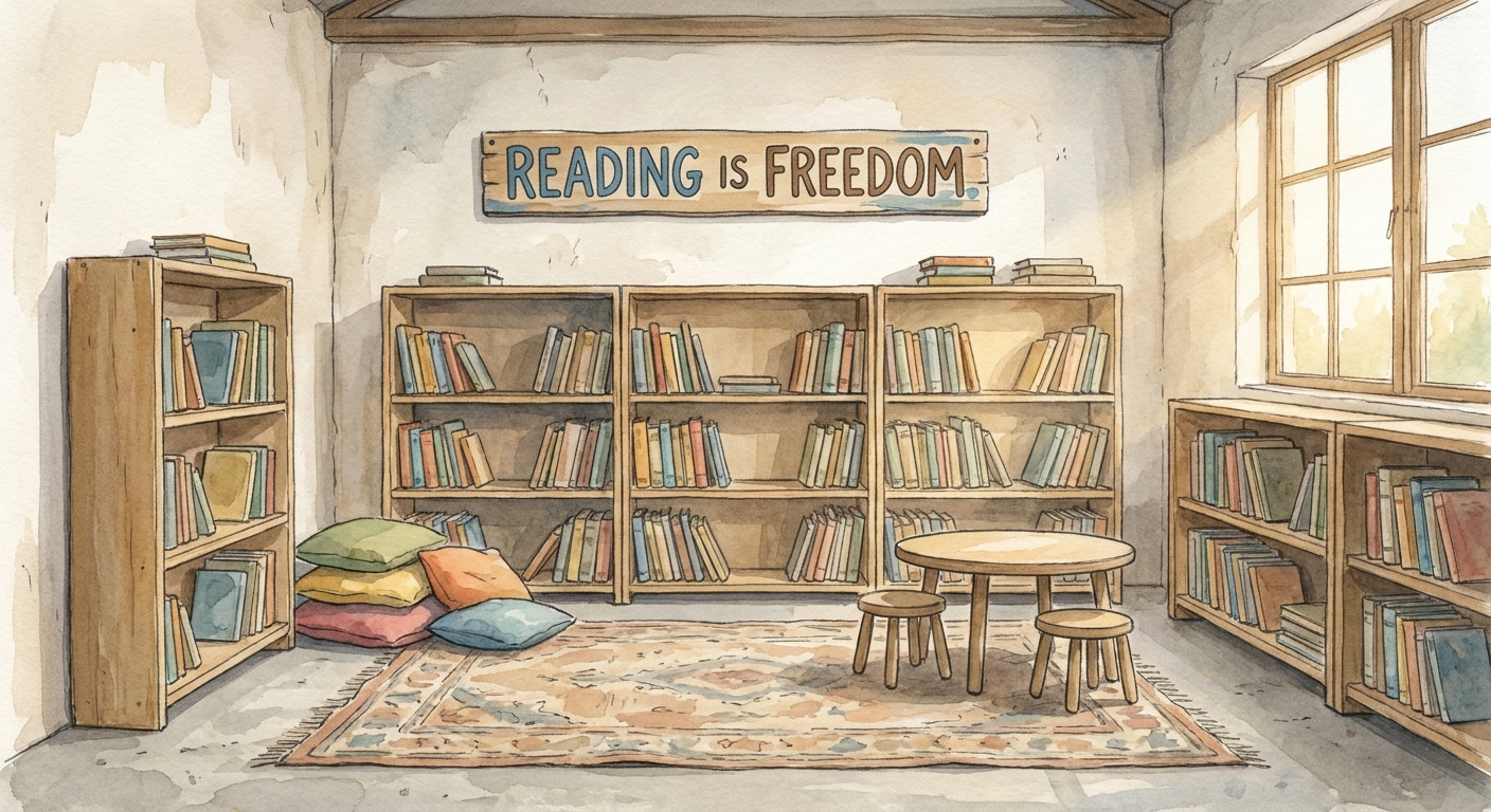 A children’s library with second-hand books arranged by reading level on wooden shelves.
