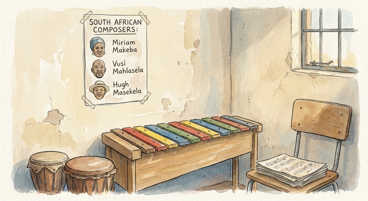 A modest music room with a marimba set and a poster of South African composers on the wall.