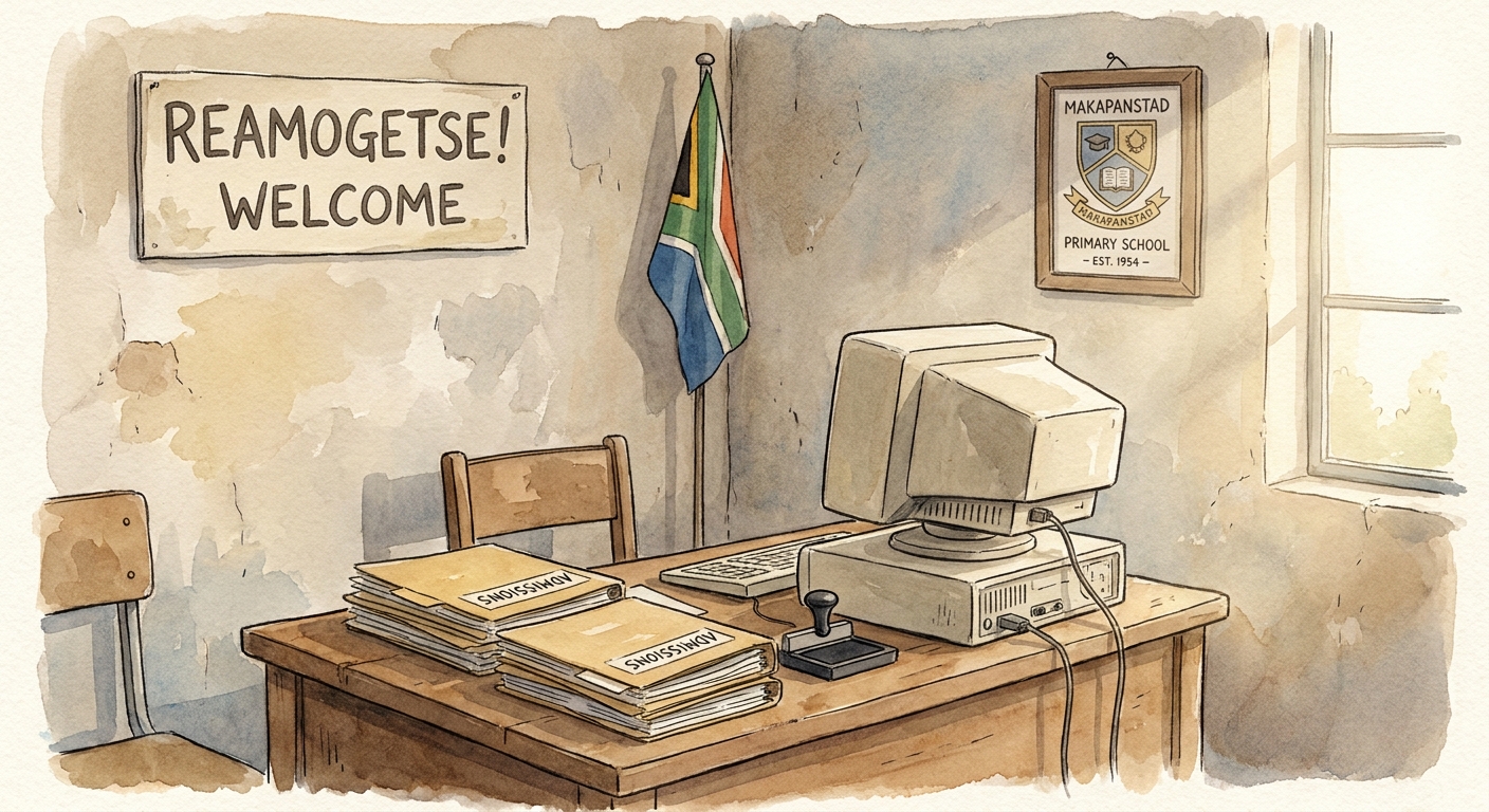The principal’s small administration office with a wooden desk and a school flag.