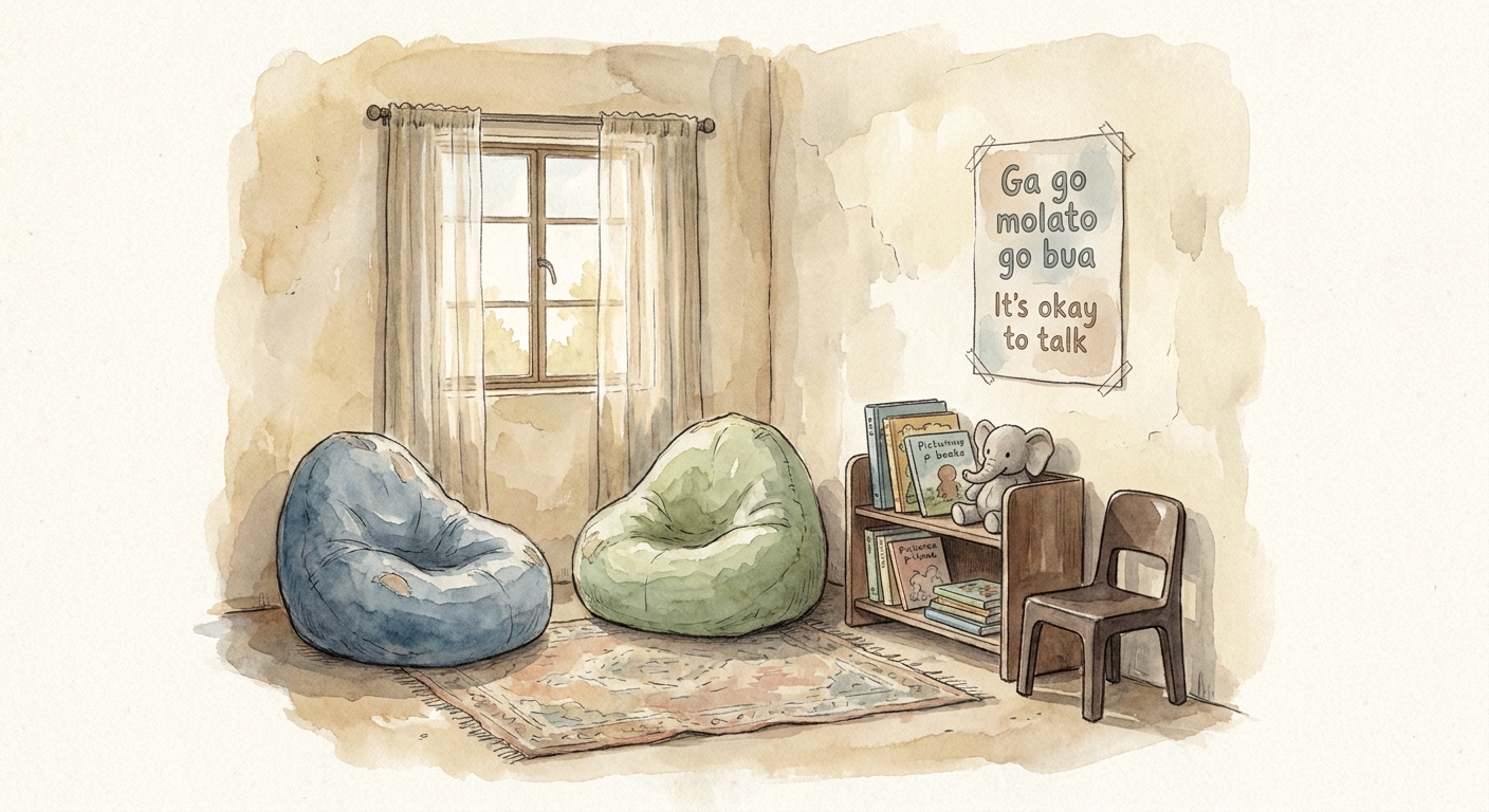A small calm room with bean bags and a soft rug used as a quiet/talking space for learners.