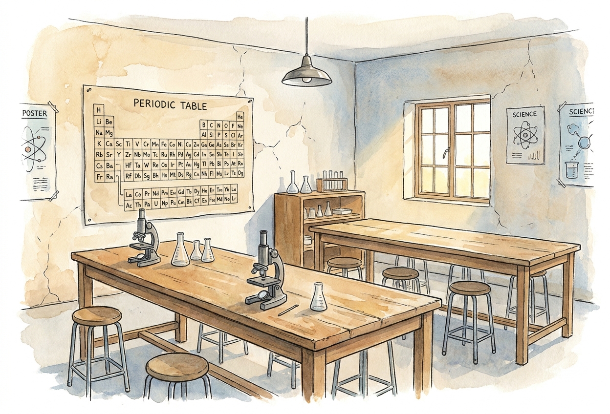 A multi-purpose science room with simple lab benches and a hand-drawn periodic table.