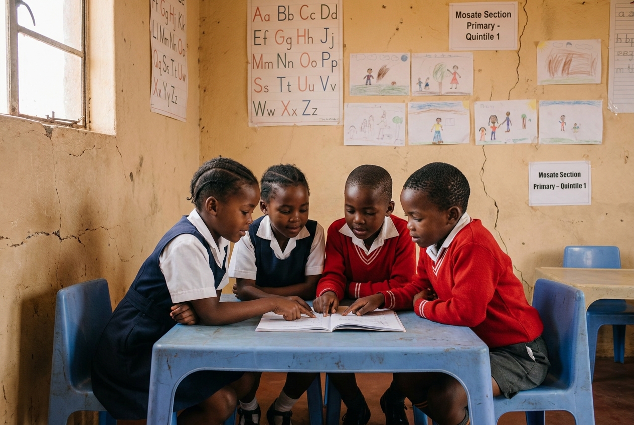 Foundation phase learners gathered around a low table doing group work.