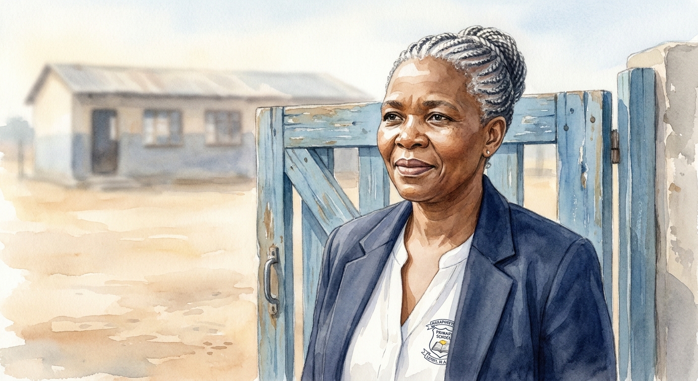 Principal Lefifi Mmadikeledi Agnes standing at the school gate in a navy blazer.