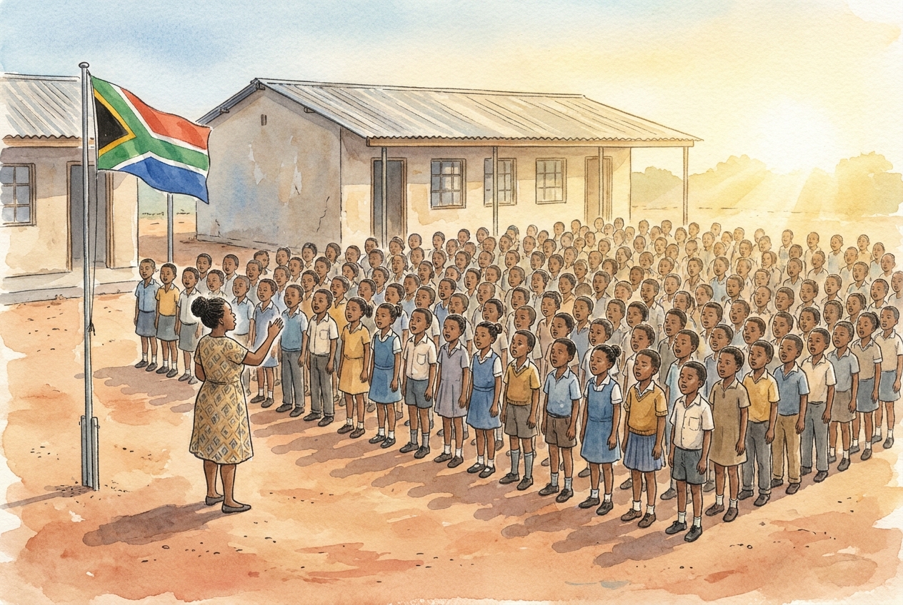 Whole-school assembly singing the national anthem on the dirt yard.