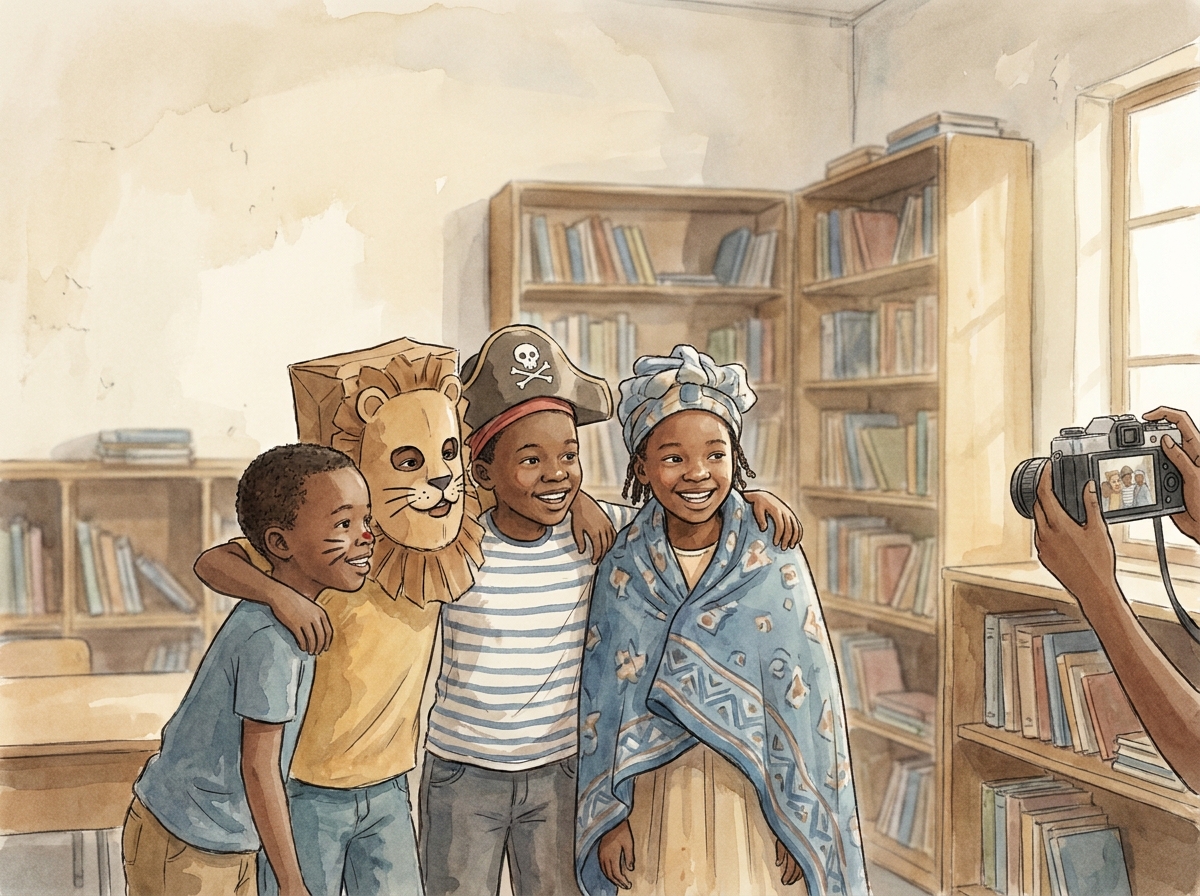 Children with World Book Day costumes as story characters in the library.