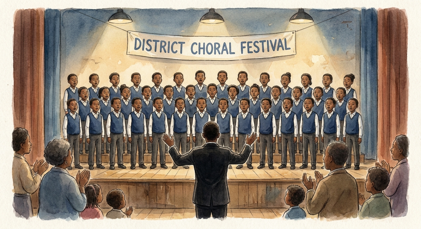 The school choir in two rows performing for parents at a concert.