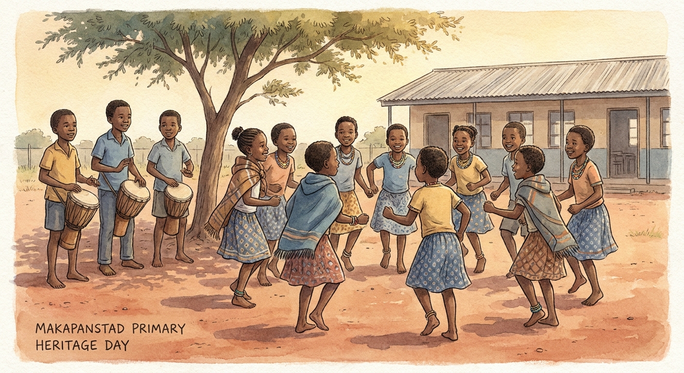 Children in traditional Setswana attire dancing during Heritage Day celebrations.