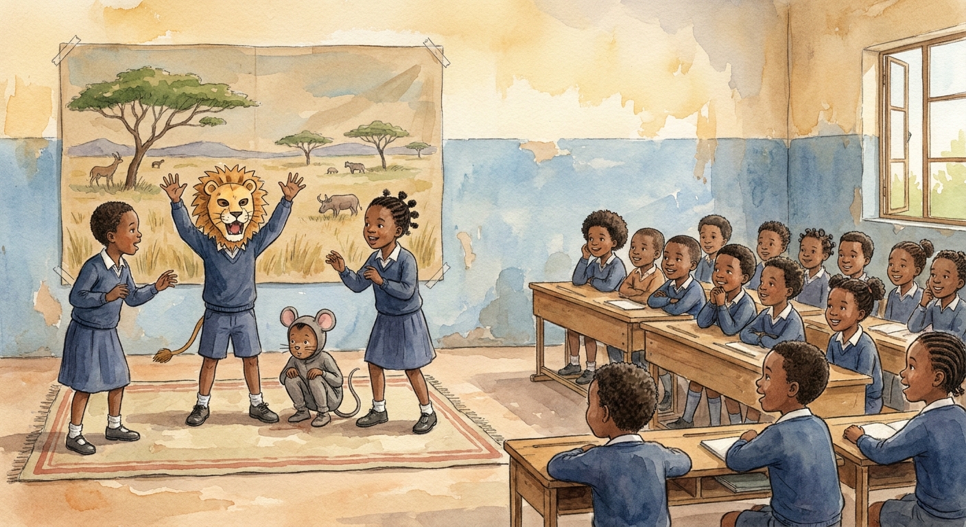 Children acting out a short play in front of a class with hand-painted backdrops.