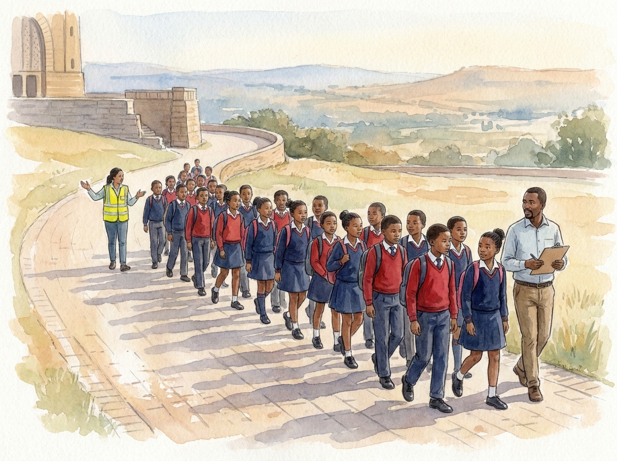 A field trip group walking up a path at the Voortrekker Monument with a guide.