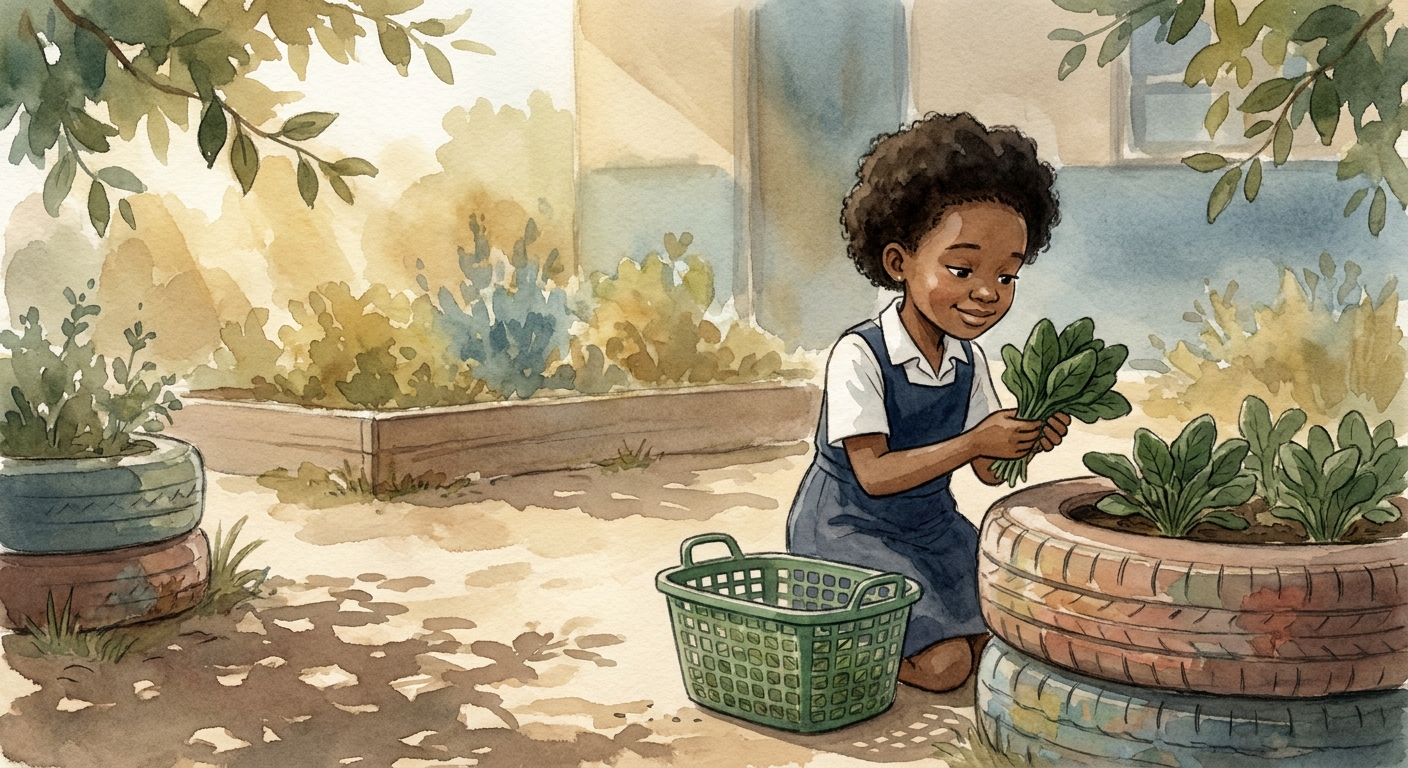 A learner harvesting spinach from a raised bed for the kitchen.