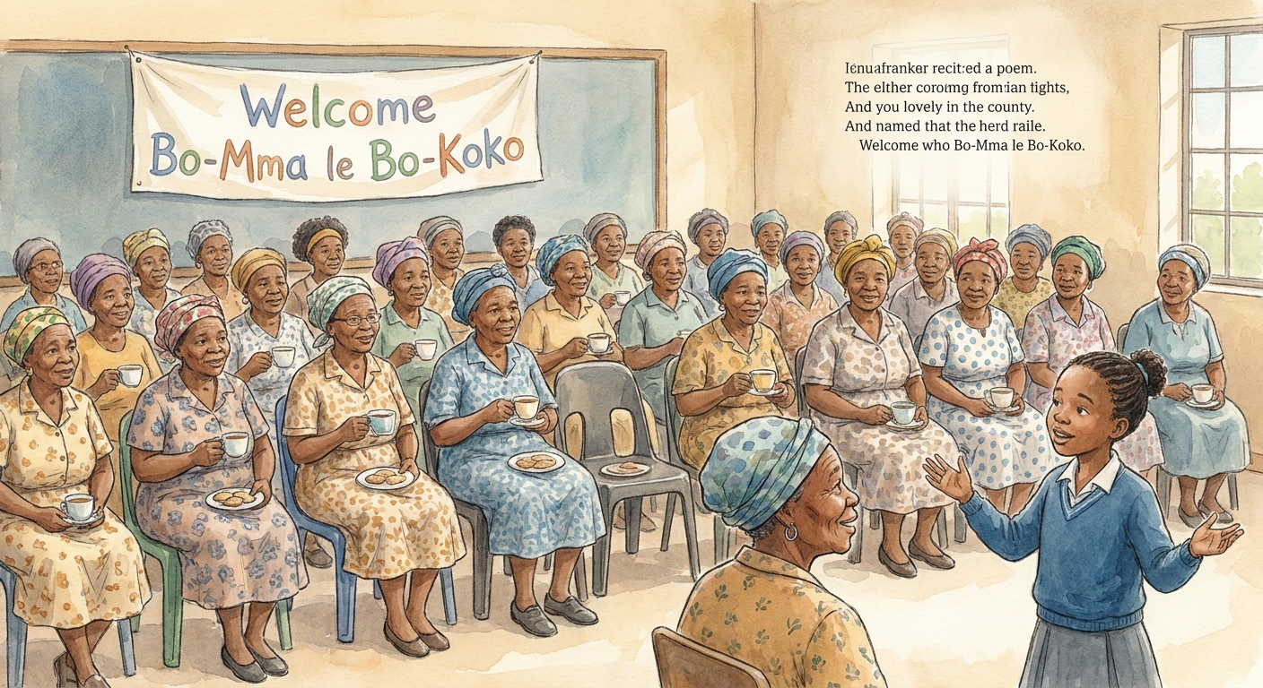 Parents and grandmothers seated in classrooms for the annual Mothers’ Tea.