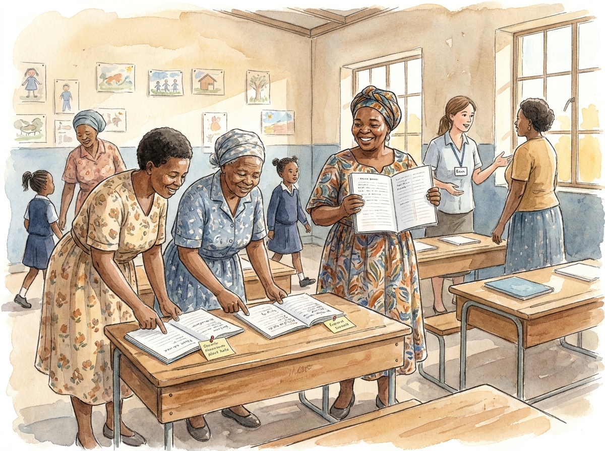 Parents on Open Day looking at children’s exercise books on classroom desks.