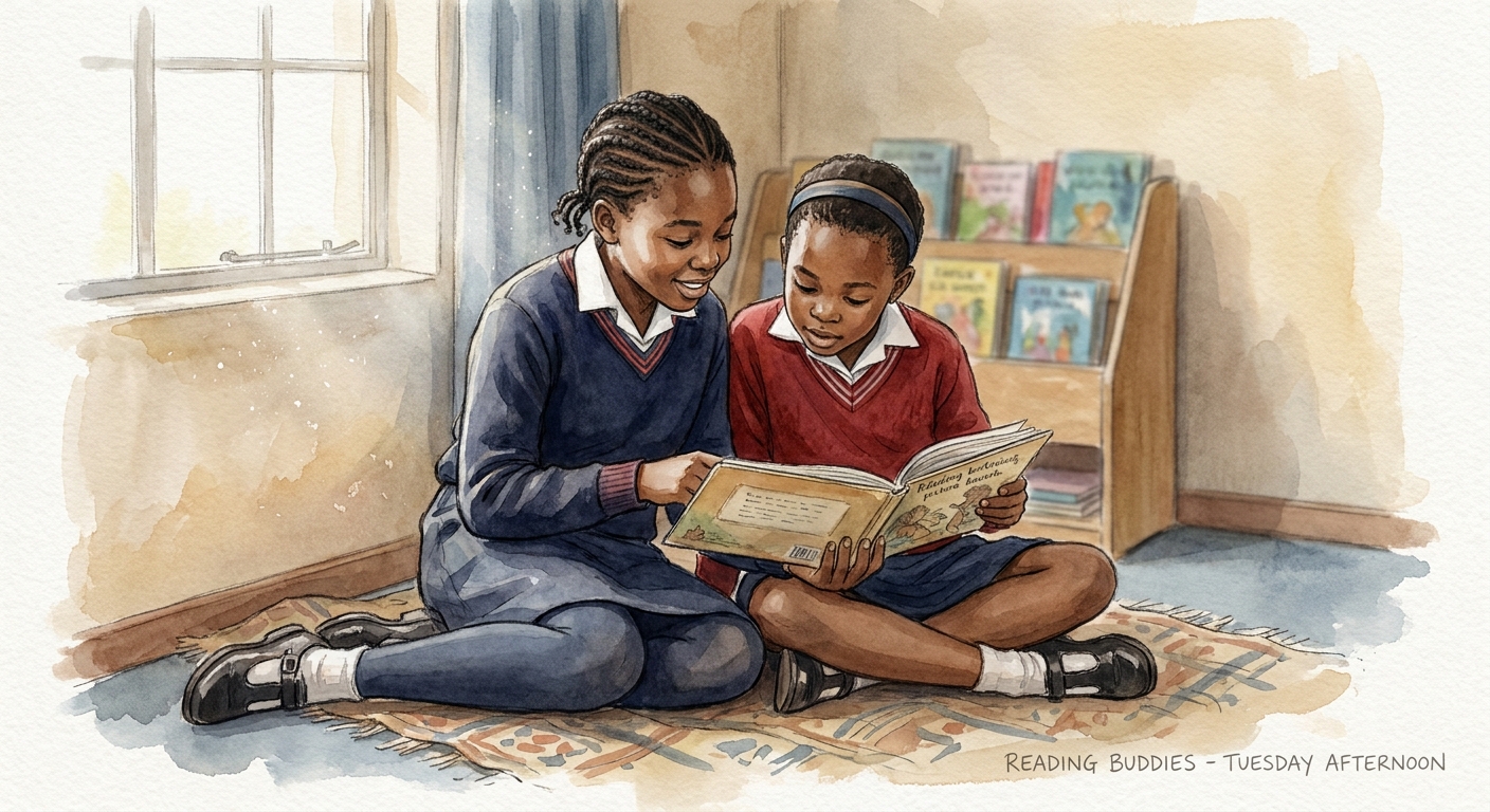 An older learner reading aloud to a younger one in the library corner.