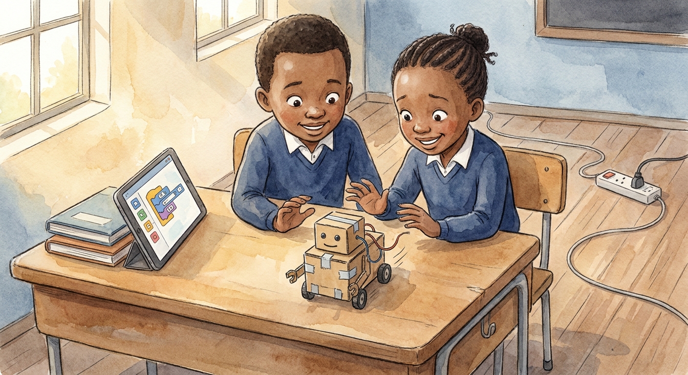 Two children watching a small motorised cardboard robot move forward.