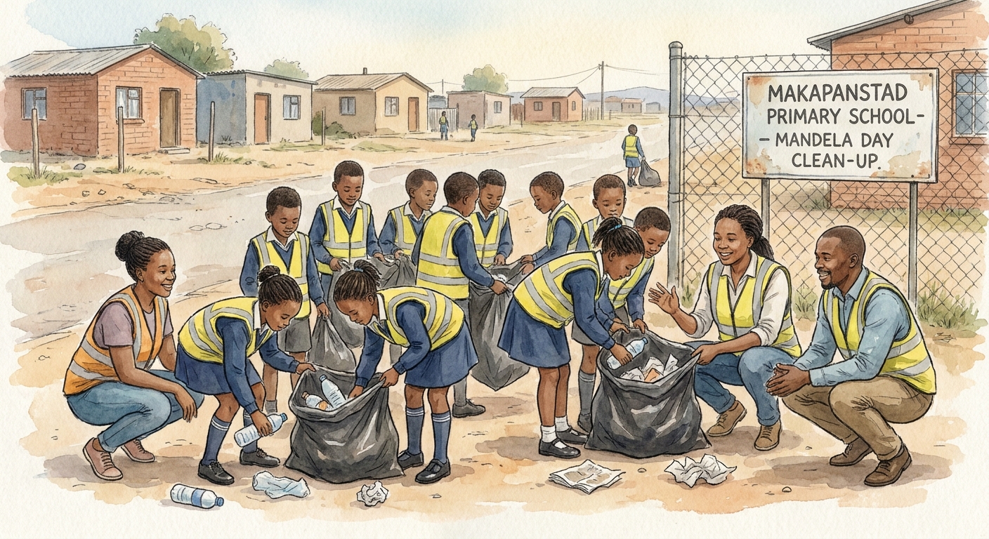 Older learners cleaning up litter near the school gate as part of community service.
