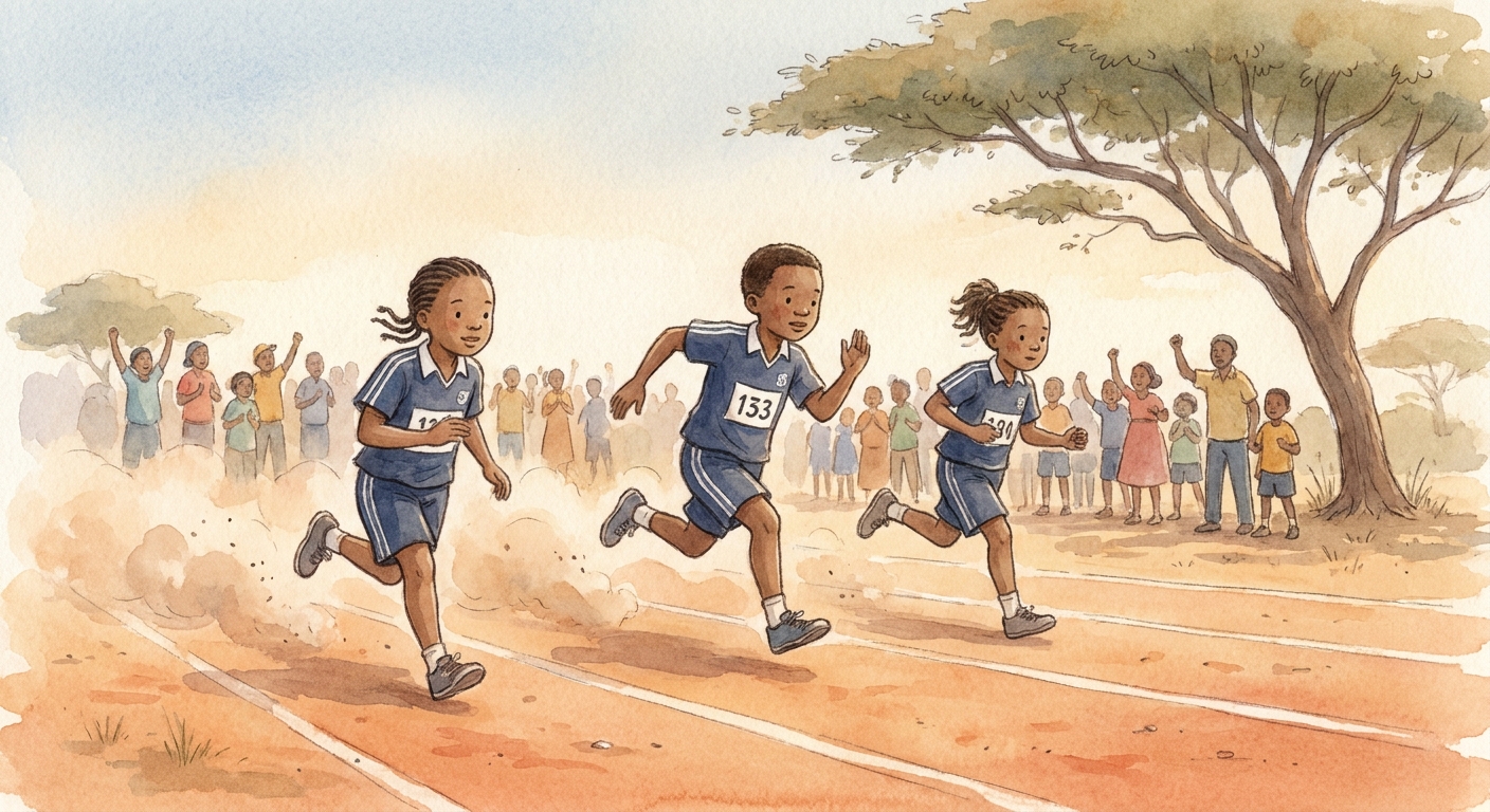 Sports day sprint with three Grade 5 learners running on the marked sand track.
