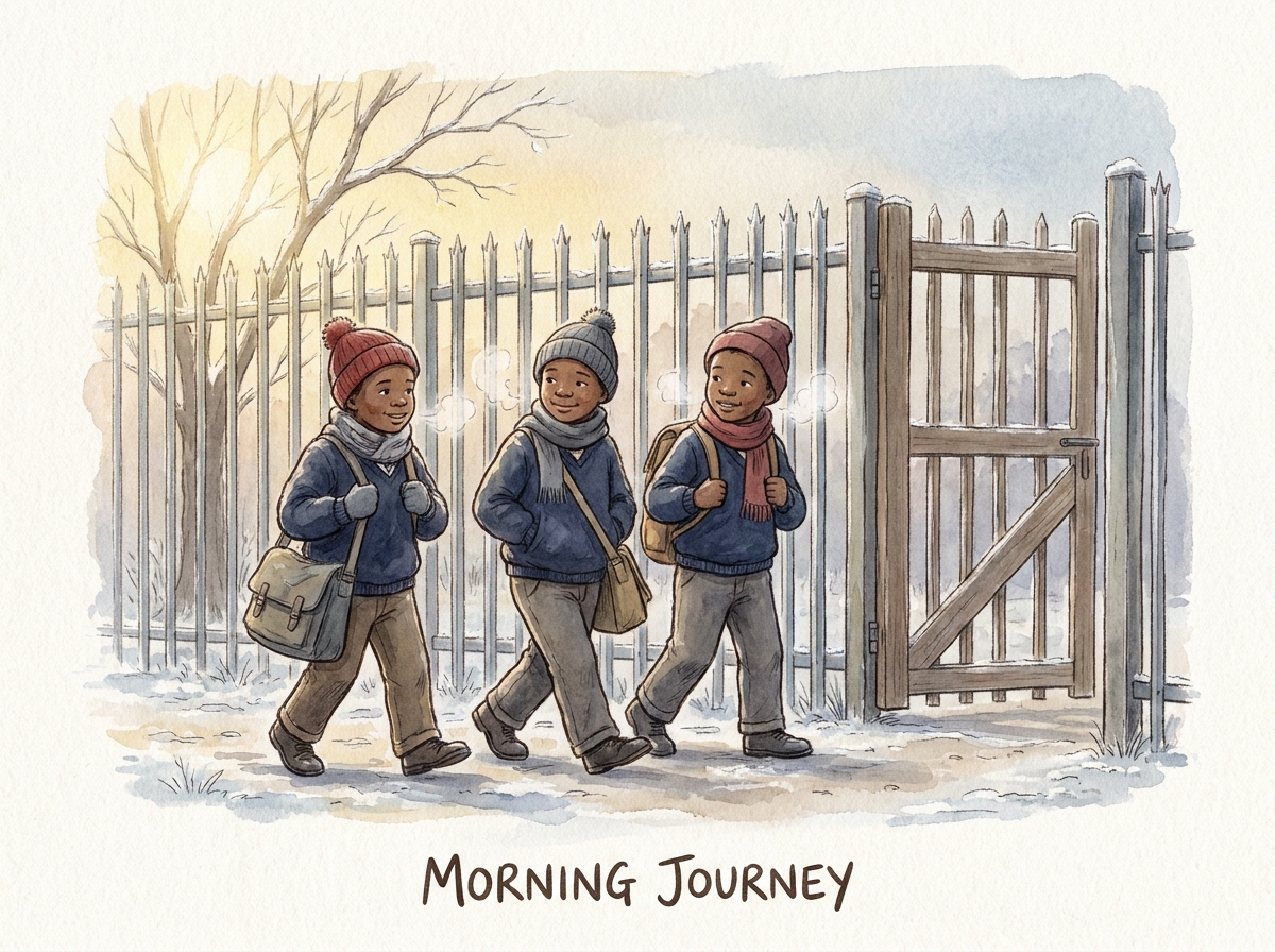 Children wrapped in jerseys and scarves arriving at the school gate on a frosty morning.