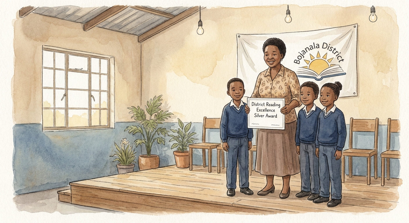 A teacher and learners receiving a District Reading Excellence certificate on a small stage.