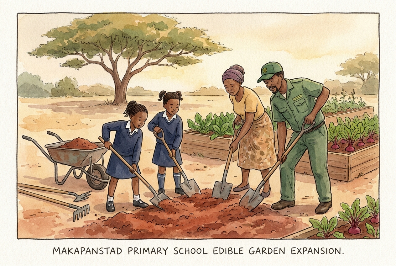 Children digging soil for a new vegetable bed alongside parents and a Department of Agriculture officer.