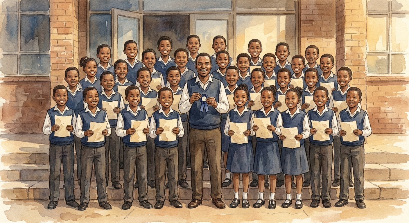 Children in choir uniform on the steps of an indoor festival venue.