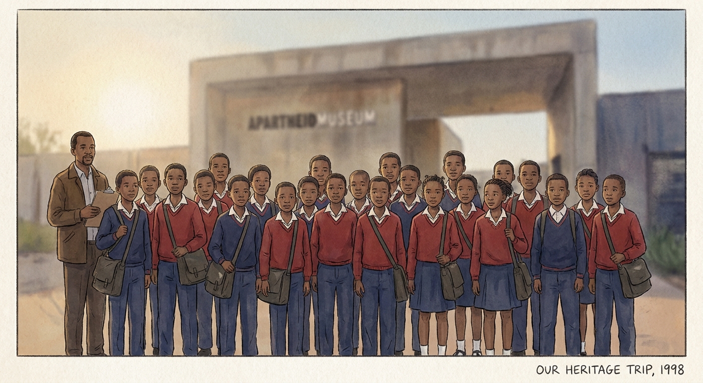 Grade 7 learners standing in front of the Apartheid Museum entrance on a heritage outing.