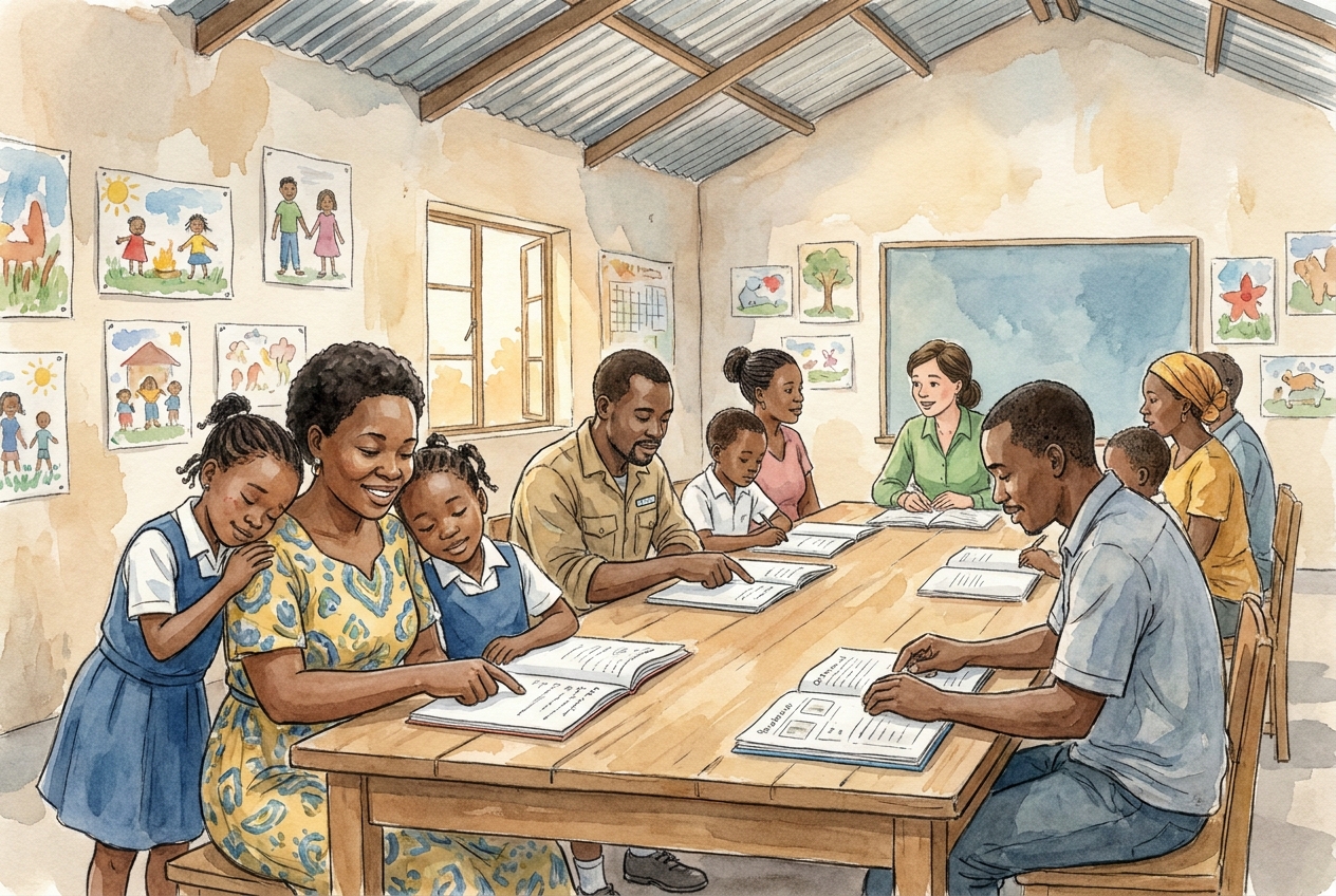 Parents and learners stooped over a long classroom table reading exercise books on Open Day.