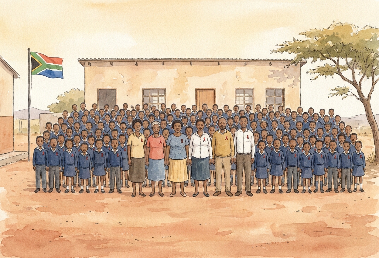 The whole school assembled in front of the building wearing red ribbons for World AIDS Awareness.