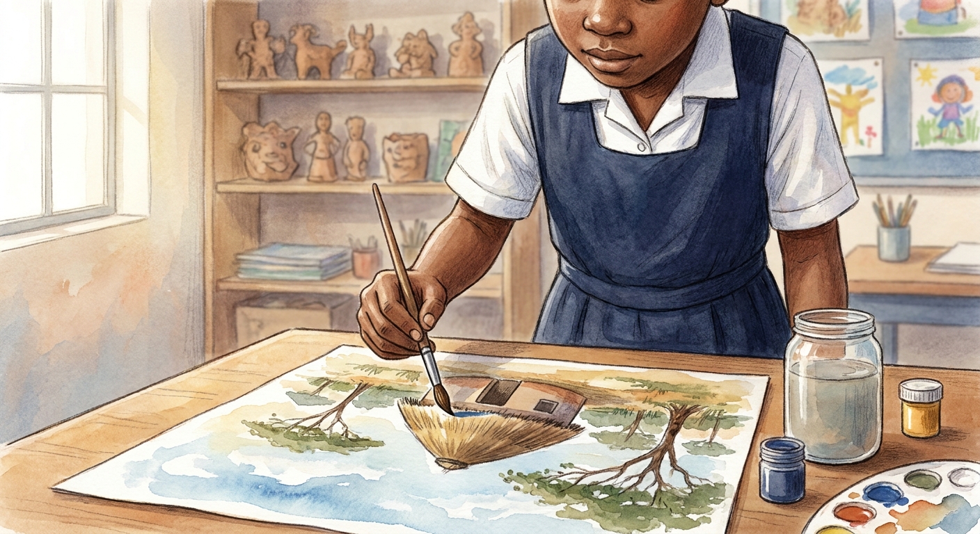 A learner concentrating on a watercolour painting of a hut surrounded by acacia trees.