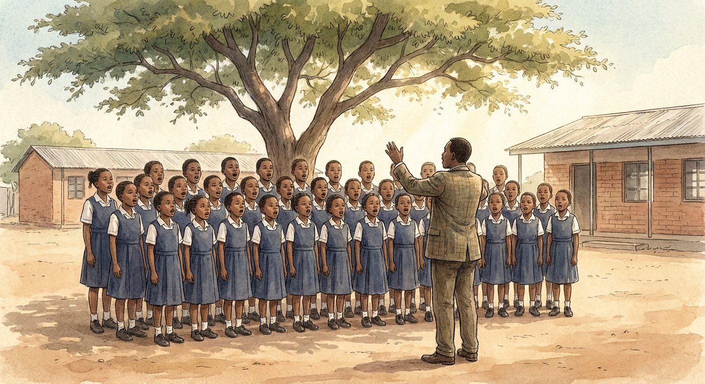 The school choir in navy and white uniforms singing in two rows under a tree.