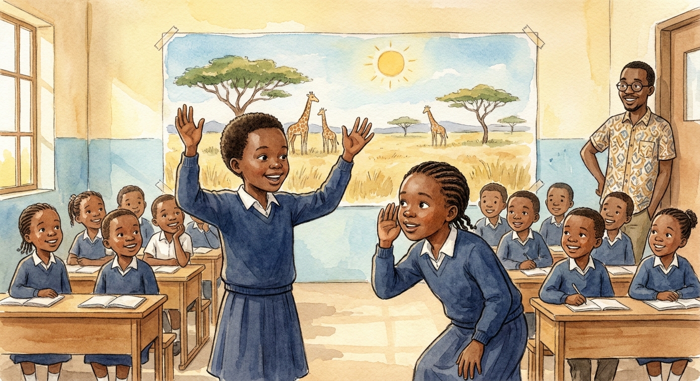 Two Grade 5 learners performing a short skit at the front of a brightly painted classroom.