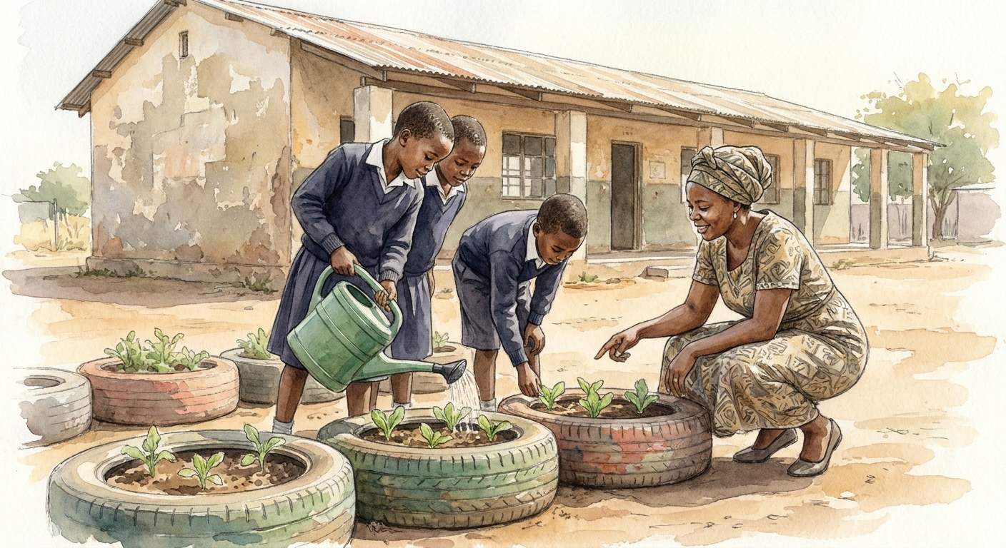 Learners in school uniforms watering young vegetable plants in raised beds.