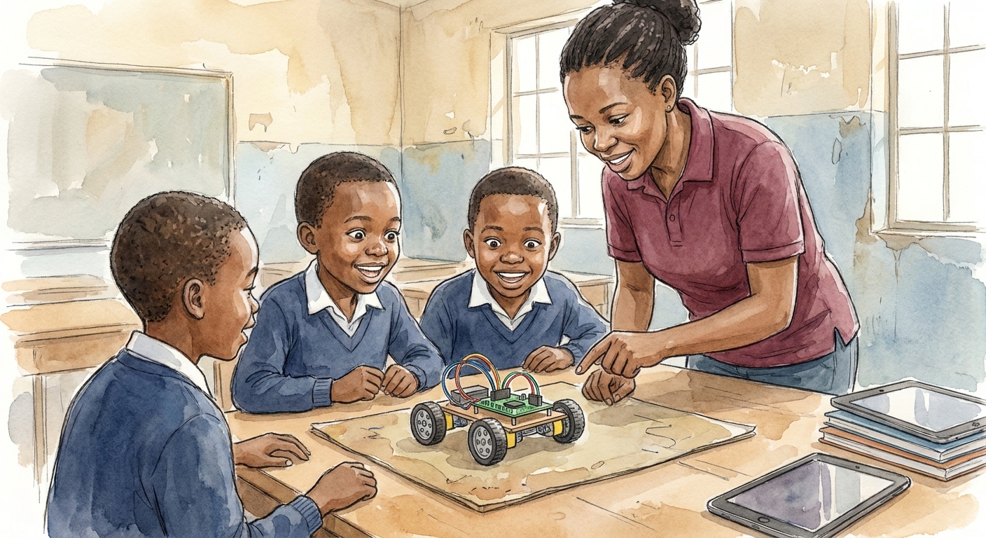 Children gathered around a small robotic kit on a desk, smiling as the wheels move.