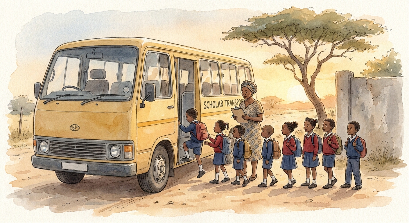Children climbing the steps of a yellow public scholar transport van as a supervisor checks them off a list.