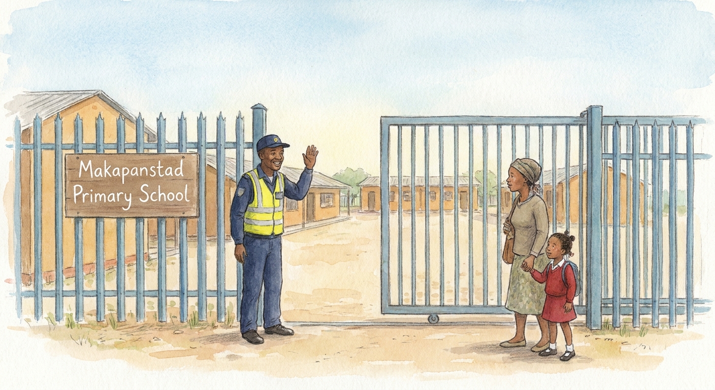 The school’s palisade fence and a security guard greeting a parent at the front gate.